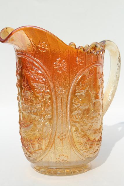 photo of vintage carnival glass lemonade pitcher, marigold iridescent, windmill pattern Imperial glass #1