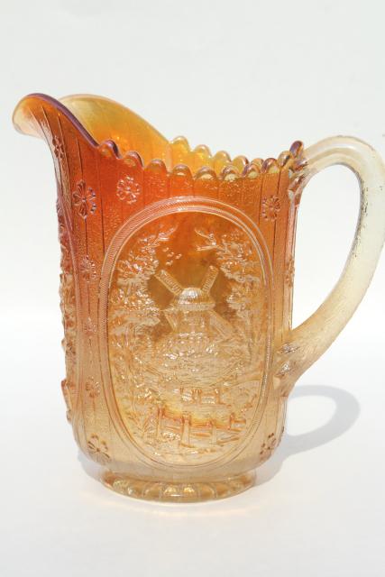 photo of vintage carnival glass lemonade pitcher, marigold iridescent, windmill pattern Imperial glass #2