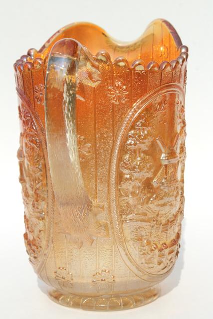 photo of vintage carnival glass lemonade pitcher, marigold iridescent, windmill pattern Imperial glass #3