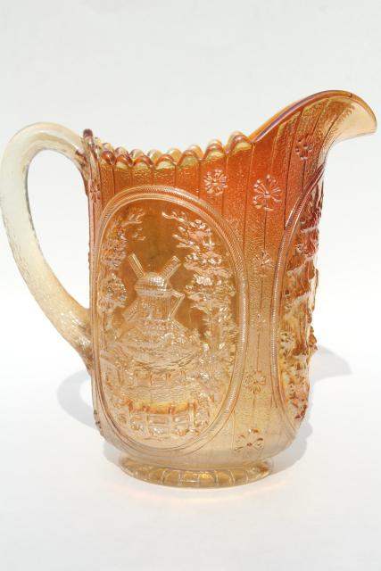 photo of vintage carnival glass lemonade pitcher, marigold iridescent, windmill pattern Imperial glass #4