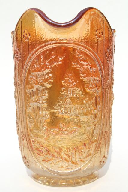 photo of vintage carnival glass lemonade pitcher, marigold iridescent, windmill pattern Imperial glass #5