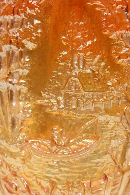 photo of vintage carnival glass lemonade pitcher, marigold iridescent, windmill pattern Imperial glass #7