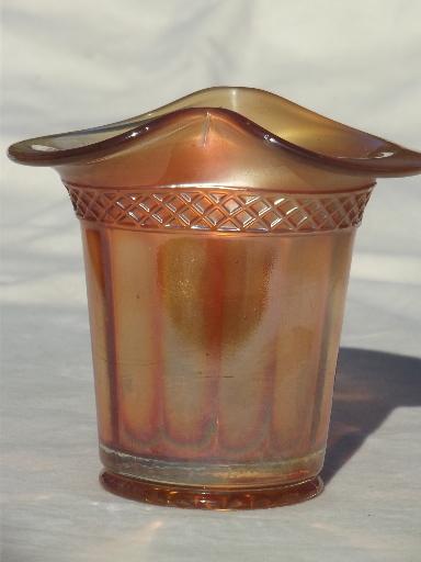 photo of vintage carnival glass vase, depression glass top hat w/ marigold luster  #2