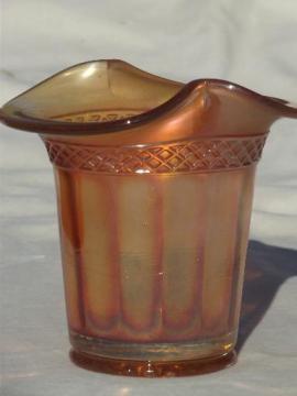 catalog photo of vintage carnival glass vase, depression glass top hat w/ marigold luster 