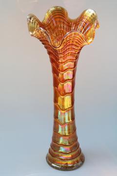 catalog photo of vintage carnival glass vase, marigold orange iridescent Imperial glass big tall swung vase