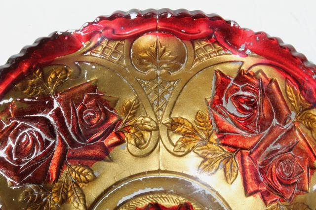 photo of vintage carnival goofus glass bowls, shabby red roses & metallic gold #2