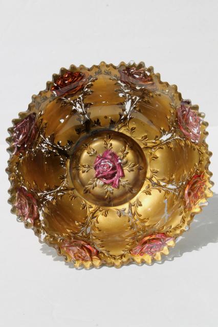 photo of vintage carnival goofus glass bowls, shabby red roses & metallic gold #6