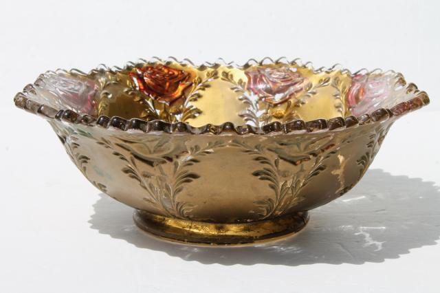 photo of vintage carnival goofus glass bowls, shabby red roses & metallic gold #7