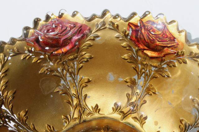 photo of vintage carnival goofus glass bowls, shabby red roses & metallic gold #8