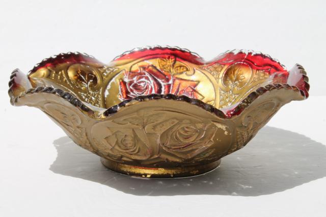 photo of vintage carnival goofus glass bowls, shabby red roses & metallic gold #12