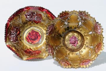 catalog photo of vintage carnival goofus glass bowls, shabby red roses & metallic gold