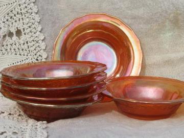 catalog photo of vintage carnival luster glass fruit bowls set of 6, marigold orange