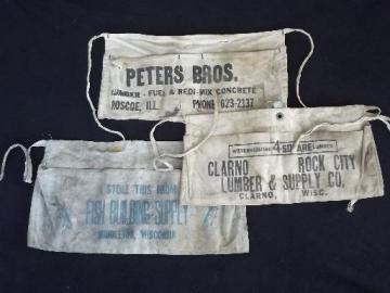 catalog photo of vintage carpenter nail apron lot, lumber yard advertising print cotton