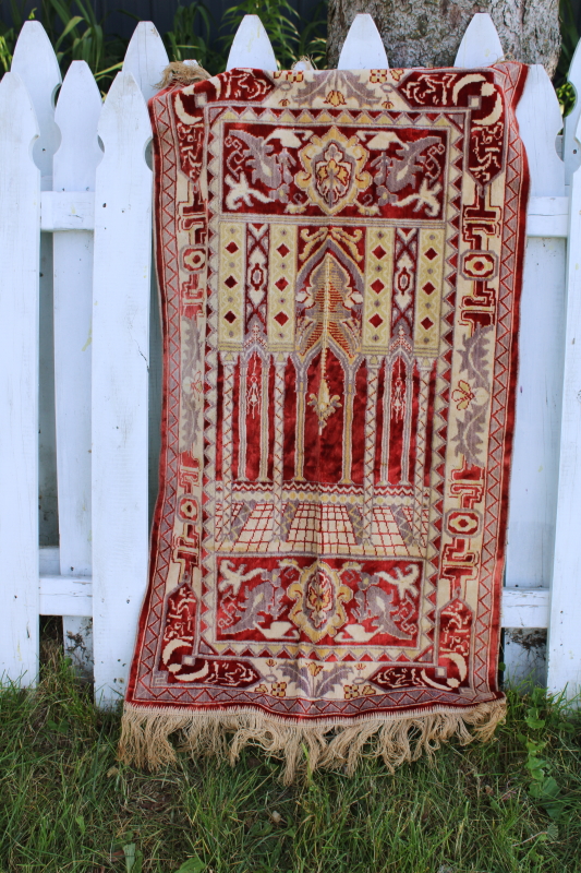 photo of vintage carpet, silky rayon velvet w/ fringe prayer rug or wall hanging tapestry #1