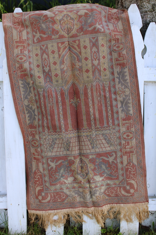 photo of vintage carpet, silky rayon velvet w/ fringe prayer rug or wall hanging tapestry #4