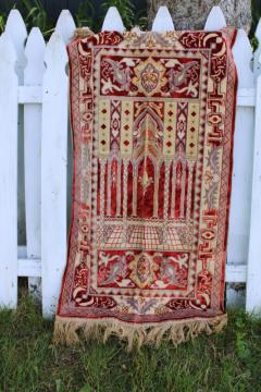 vintage carpet, silky rayon velvet w/ fringe prayer rug or wall hanging tapestry