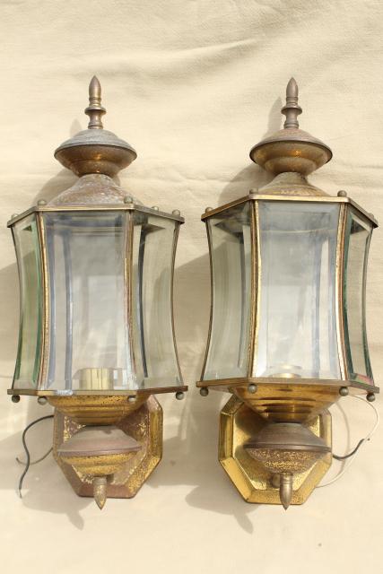 photo of vintage carriage house porch entry lights, pair solid brass lamps w/ curved beveled glass #1