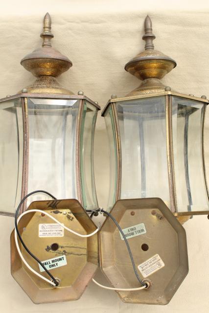 photo of vintage carriage house porch entry lights, pair solid brass lamps w/ curved beveled glass #2
