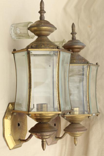 photo of vintage carriage house porch entry lights, pair solid brass lamps w/ curved beveled glass #3