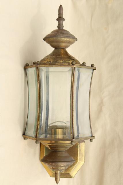 photo of vintage carriage house porch entry lights, pair solid brass lamps w/ curved beveled glass #4