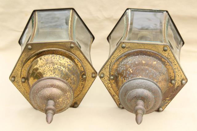 photo of vintage carriage house porch entry lights, pair solid brass lamps w/ curved beveled glass #6