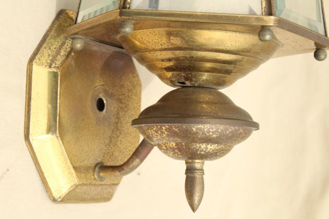 photo of vintage carriage house porch entry lights, pair solid brass lamps w/ curved beveled glass #9