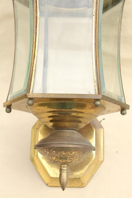 photo of vintage carriage house porch entry lights, pair solid brass lamps w/ curved beveled glass #10