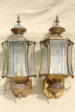 catalog photo of vintage carriage house porch entry lights, pair solid brass lamps w/ curved beveled glass