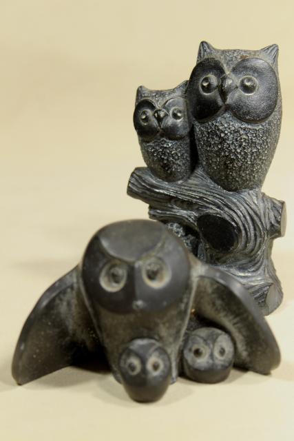 photo of vintage carved black soapstone or composition owls, NUVUK Canada or Pacific Northwest? #1