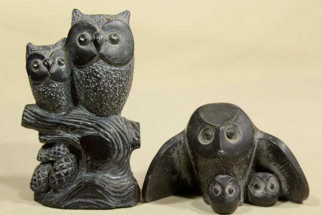 photo of vintage carved black soapstone or composition owls, NUVUK Canada or Pacific Northwest? #2