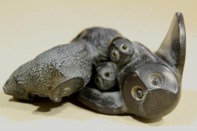 photo of vintage carved black soapstone or composition owls, NUVUK Canada or Pacific Northwest? #4