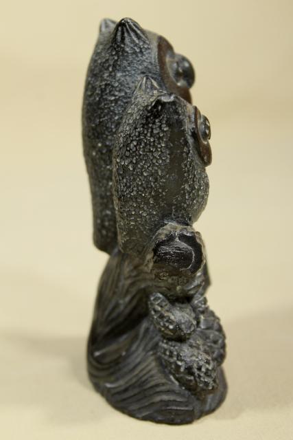 photo of vintage carved black soapstone or composition owls, NUVUK Canada or Pacific Northwest? #8