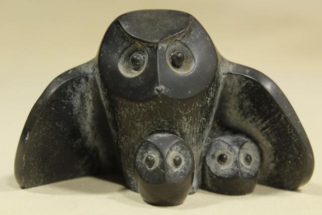 photo of vintage carved black soapstone or composition owls, NUVUK Canada or Pacific Northwest? #9