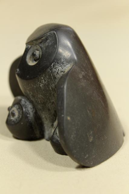 photo of vintage carved black soapstone or composition owls, NUVUK Canada or Pacific Northwest? #10