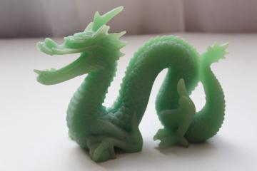 catalog photo of vintage carved dragon, incolay stone composition green faux jade carving made in China