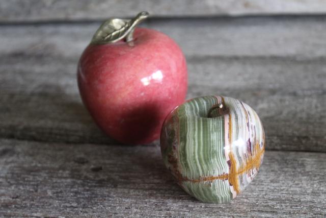 photo of vintage carved stone apples, red & green marble onyx paperweights or rustic decor #3