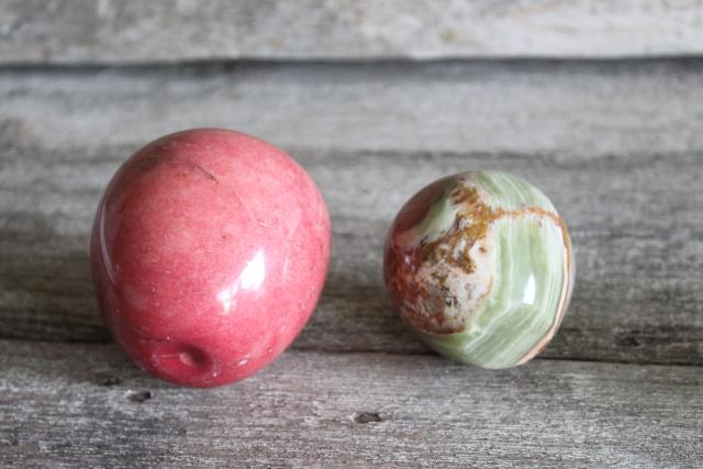 photo of vintage carved stone apples, red & green marble onyx paperweights or rustic decor #4