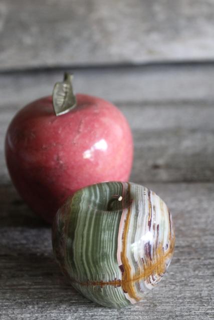 photo of vintage carved stone apples, red & green marble onyx paperweights or rustic decor #5