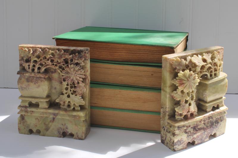 photo of vintage carved stone bookends, vase of chrysanthemum flowers green soapston #1