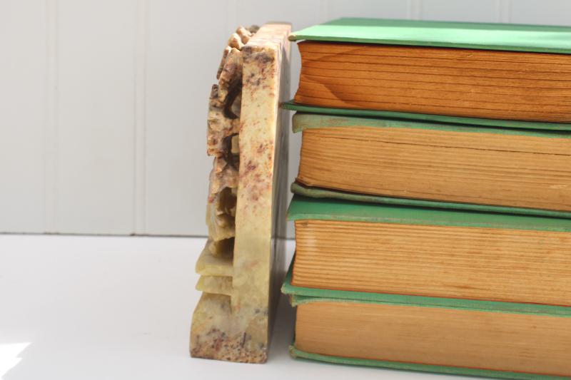 photo of vintage carved stone bookends, vase of chrysanthemum flowers green soapston #2