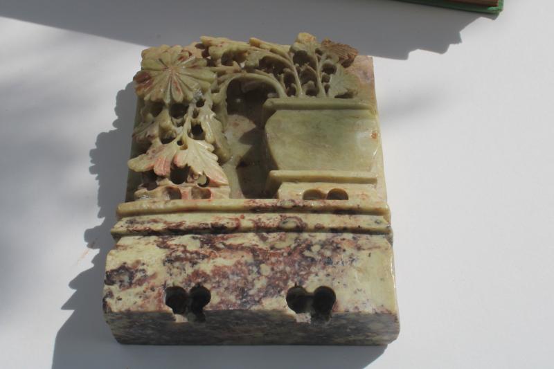 photo of vintage carved stone bookends, vase of chrysanthemum flowers green soapston #3