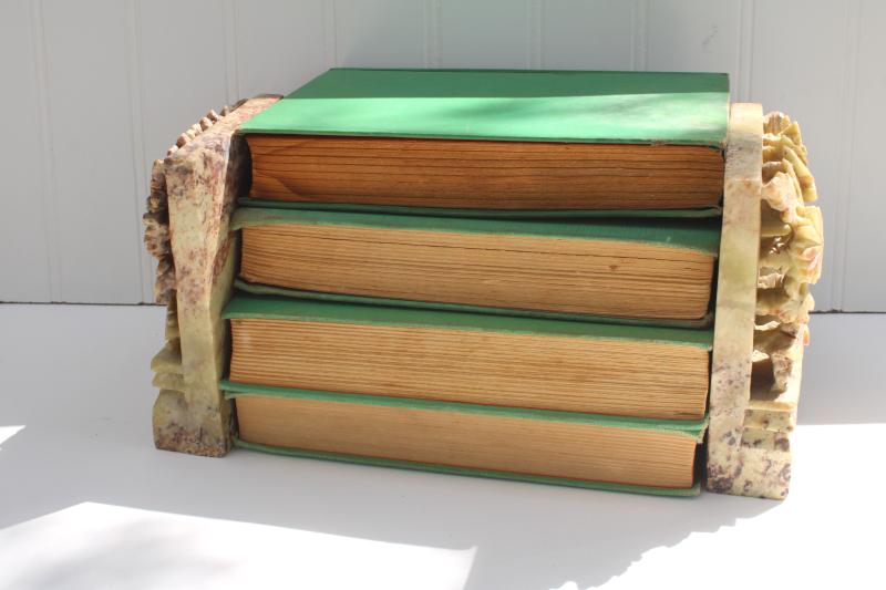 photo of vintage carved stone bookends, vase of chrysanthemum flowers green soapston #7