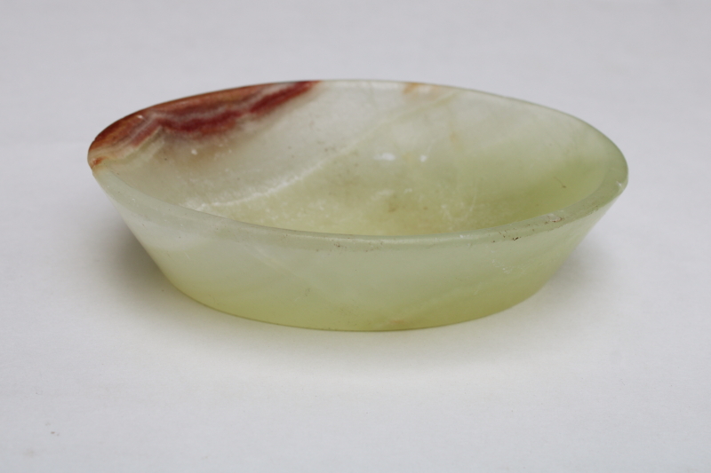photo of vintage carved stone bowl, oval trinket or soap dish translucent pale green onyx marbled color  #1