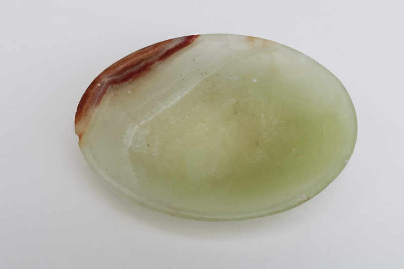 photo of vintage carved stone bowl, oval trinket or soap dish translucent pale green onyx marbled color #2