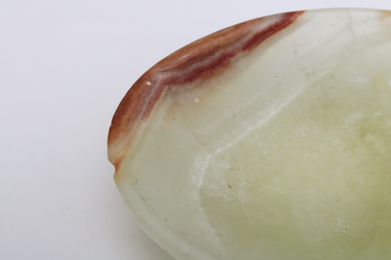 photo of vintage carved stone bowl, oval trinket or soap dish translucent pale green onyx marbled color #3