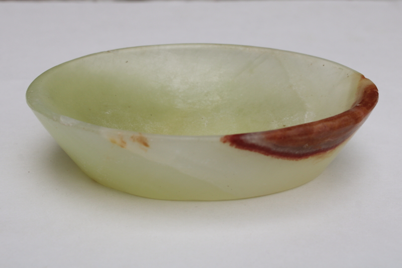 photo of vintage carved stone bowl, oval trinket or soap dish translucent pale green onyx marbled color #4