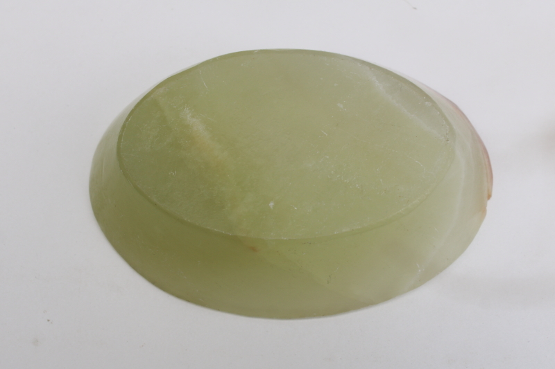 photo of vintage carved stone bowl, oval trinket or soap dish translucent pale green onyx marbled color #5