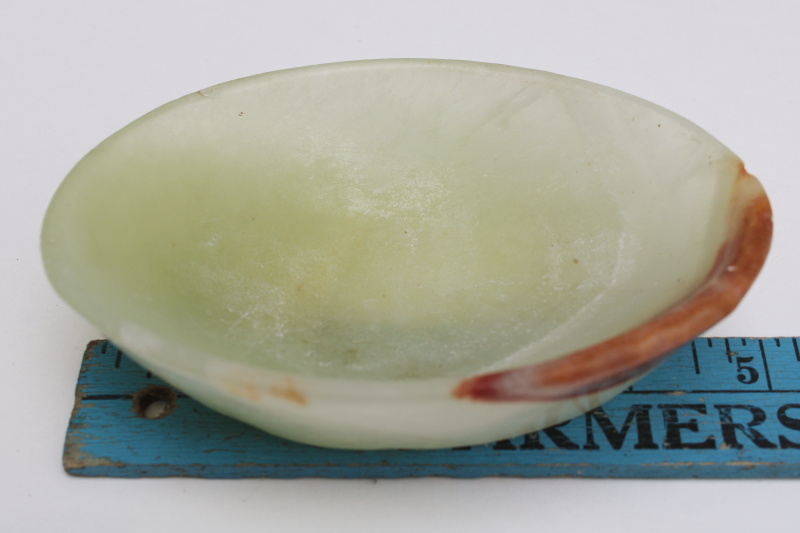 photo of vintage carved stone bowl, oval trinket or soap dish translucent pale green onyx marbled color #6