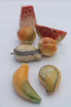 catalog photo of vintage carved stone fruit collection, colored marble or Mexican onyx fruit