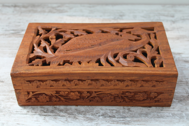photo of vintage carved wood box w/ peacock, treasure box for jewelry, trinkets, herbs or oils  #1